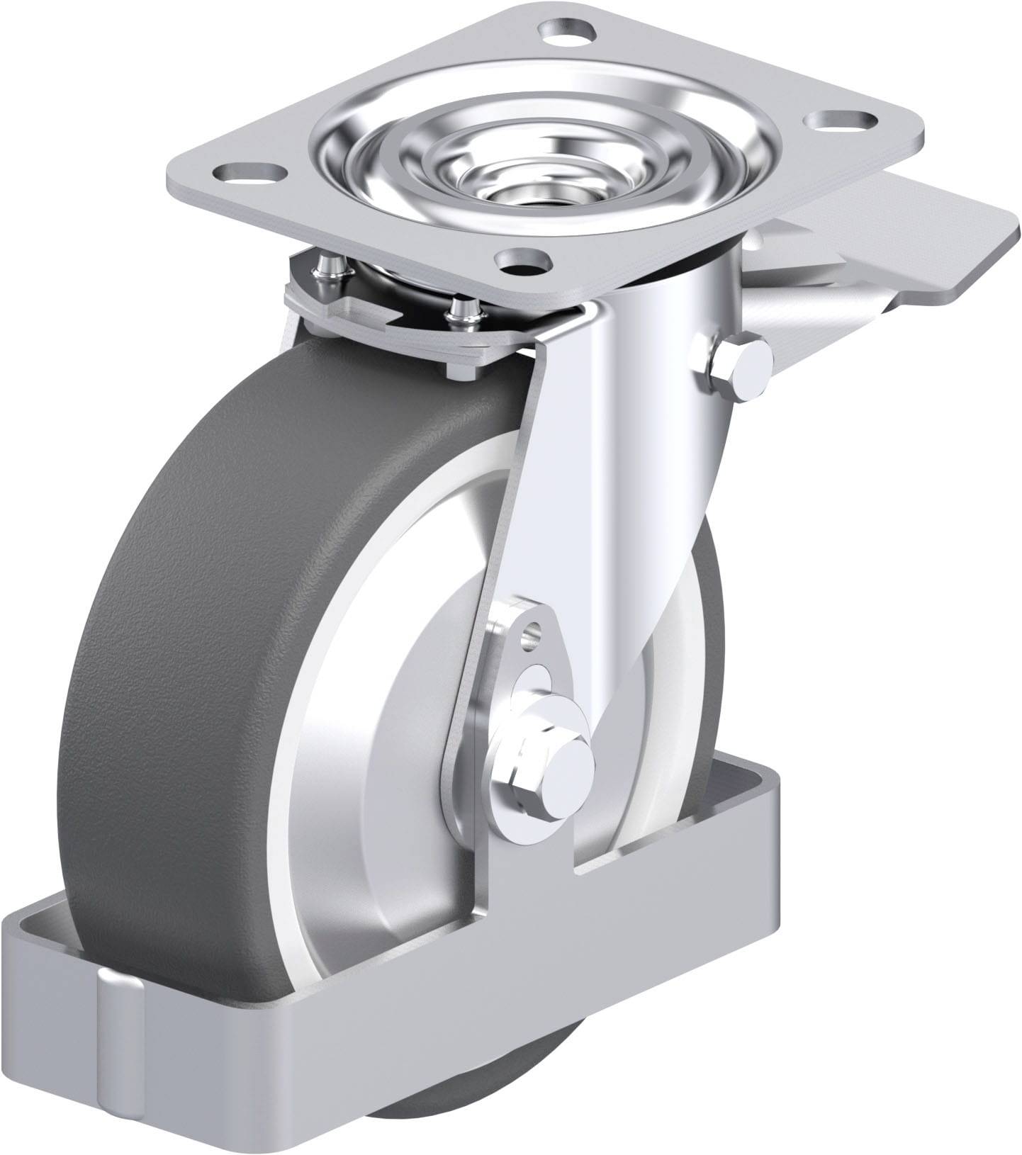 Schwerlast-Lenkrolle mit grauem Rad, Metallgehäuse und Befestigungsplatte. Geeignet für Industriezwecke.