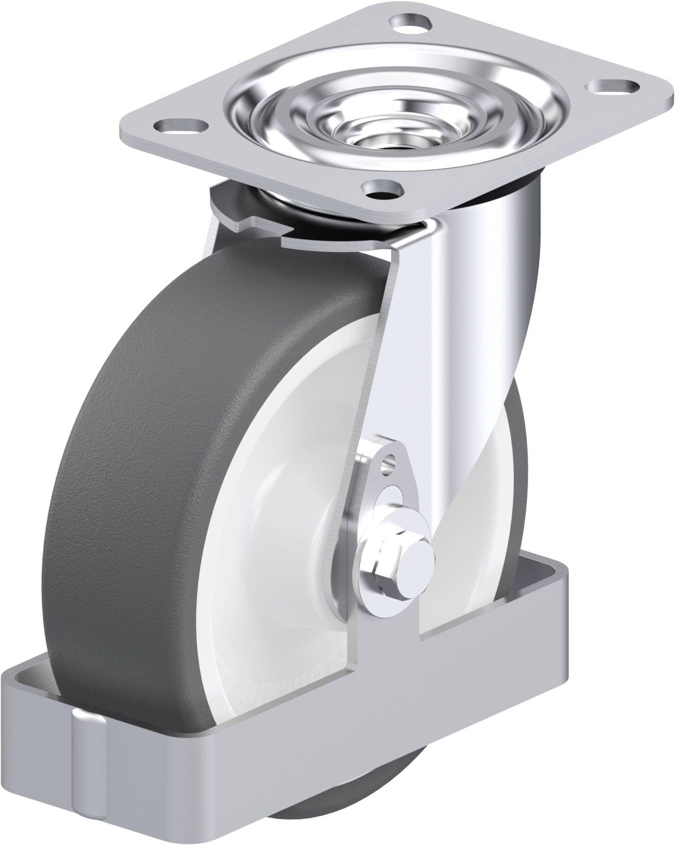 Drehbares Rad mit Metallhalterung, geeignet für Möbel oder Geräte, zeigt silberne und schwarze Details.