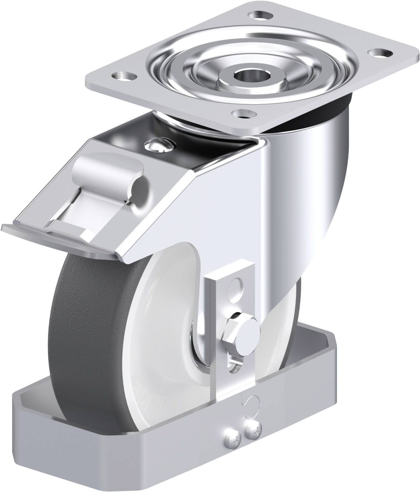 Metallisches Möbelrad mit schwarzem Reifen und silbernem Gehäuse. Es hat eine Montageplatte oben und wirkt robust und langlebig.