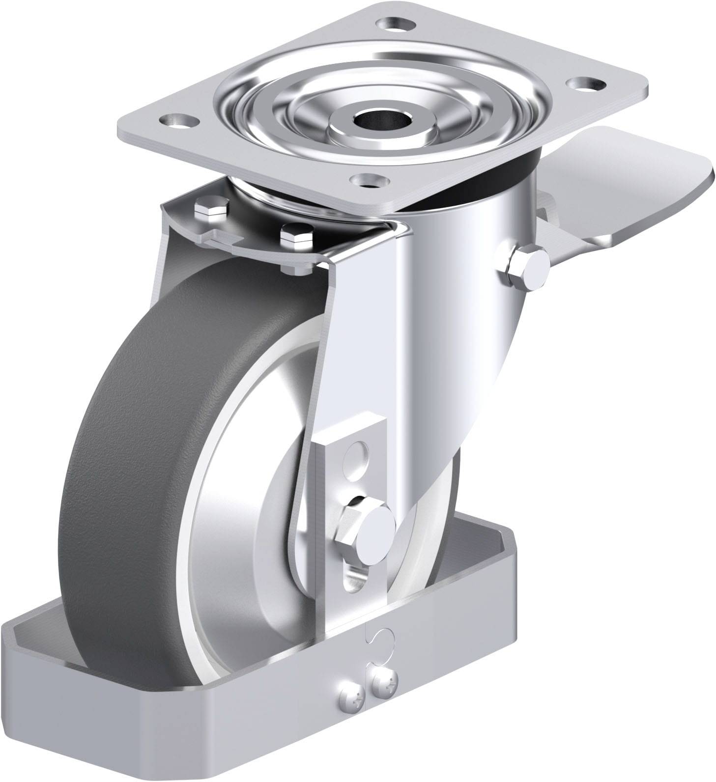 Metallisches Lenkrollrad mit grauem Gummi, Halterung und Bremse. Geeignet für schwere Lasten.