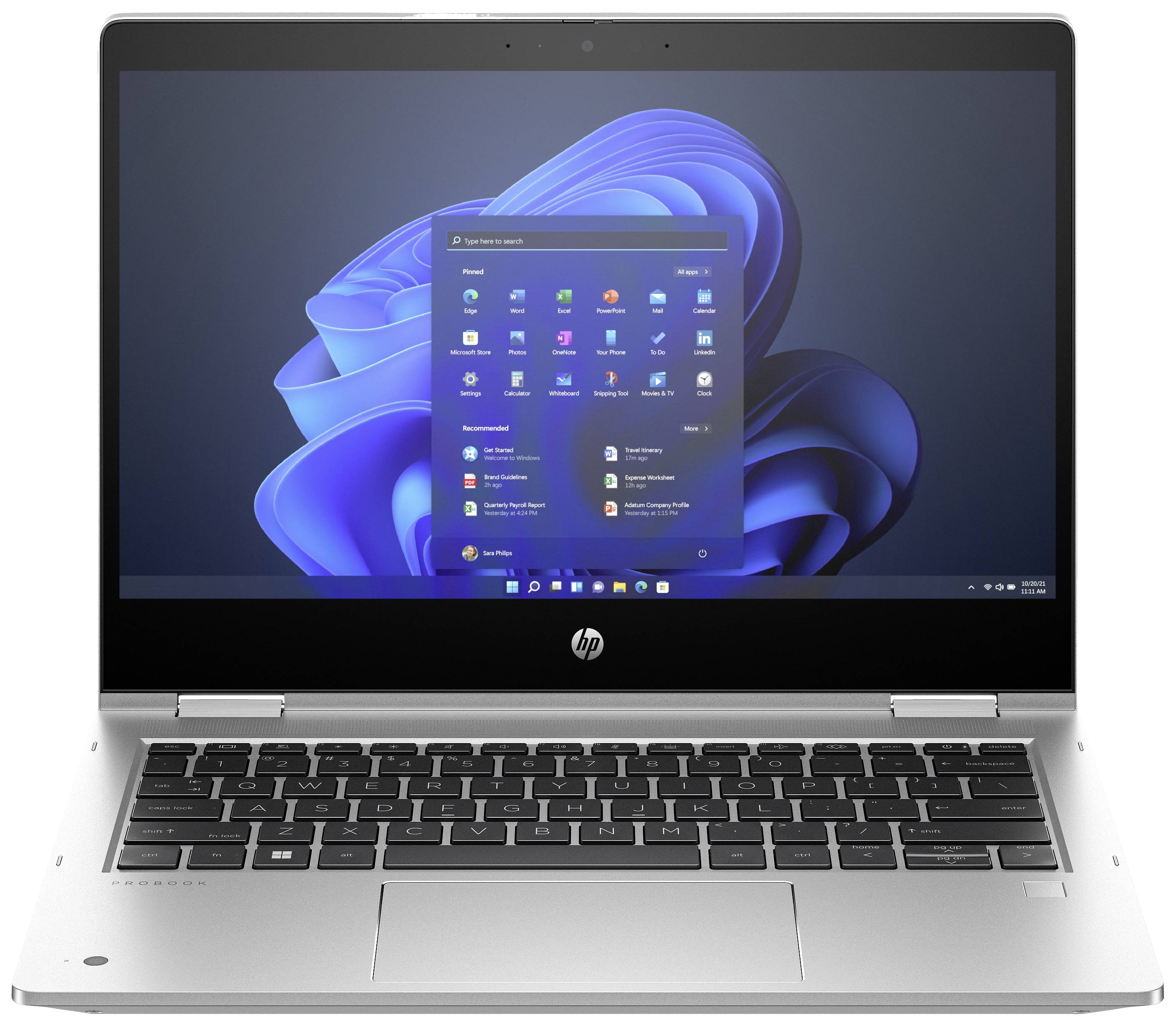 Ein silberner Laptop mit geöffnetem Windows 11-Startmenü auf dem Bildschirm, zeigt Symbole für verschiedene Anwendungen.