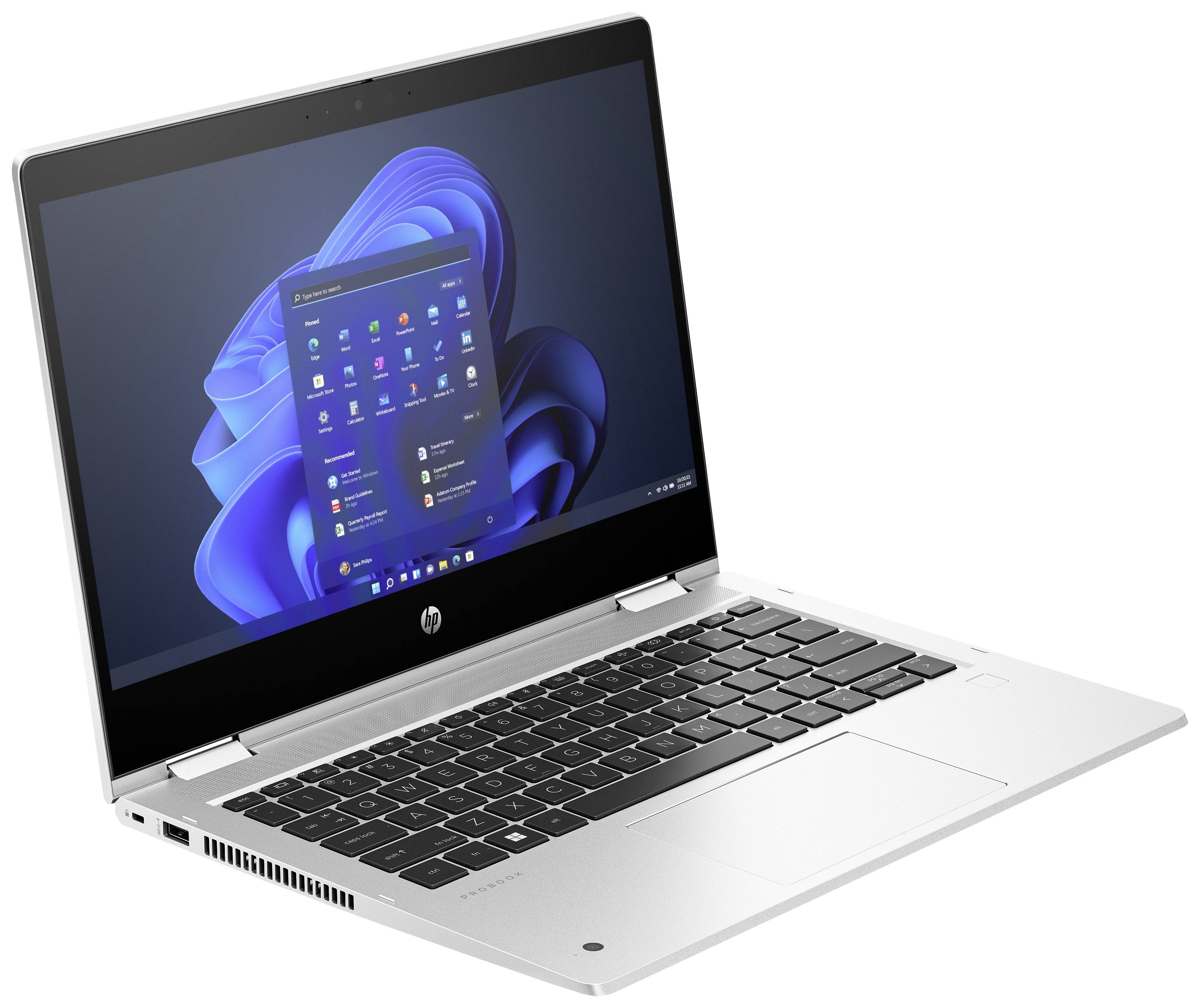 Ein silberner Laptop mit geöffnetem Bildschirm, der eine Startseite von Windows 11 zeigt. Tastatur und Trackpad sichtbar.