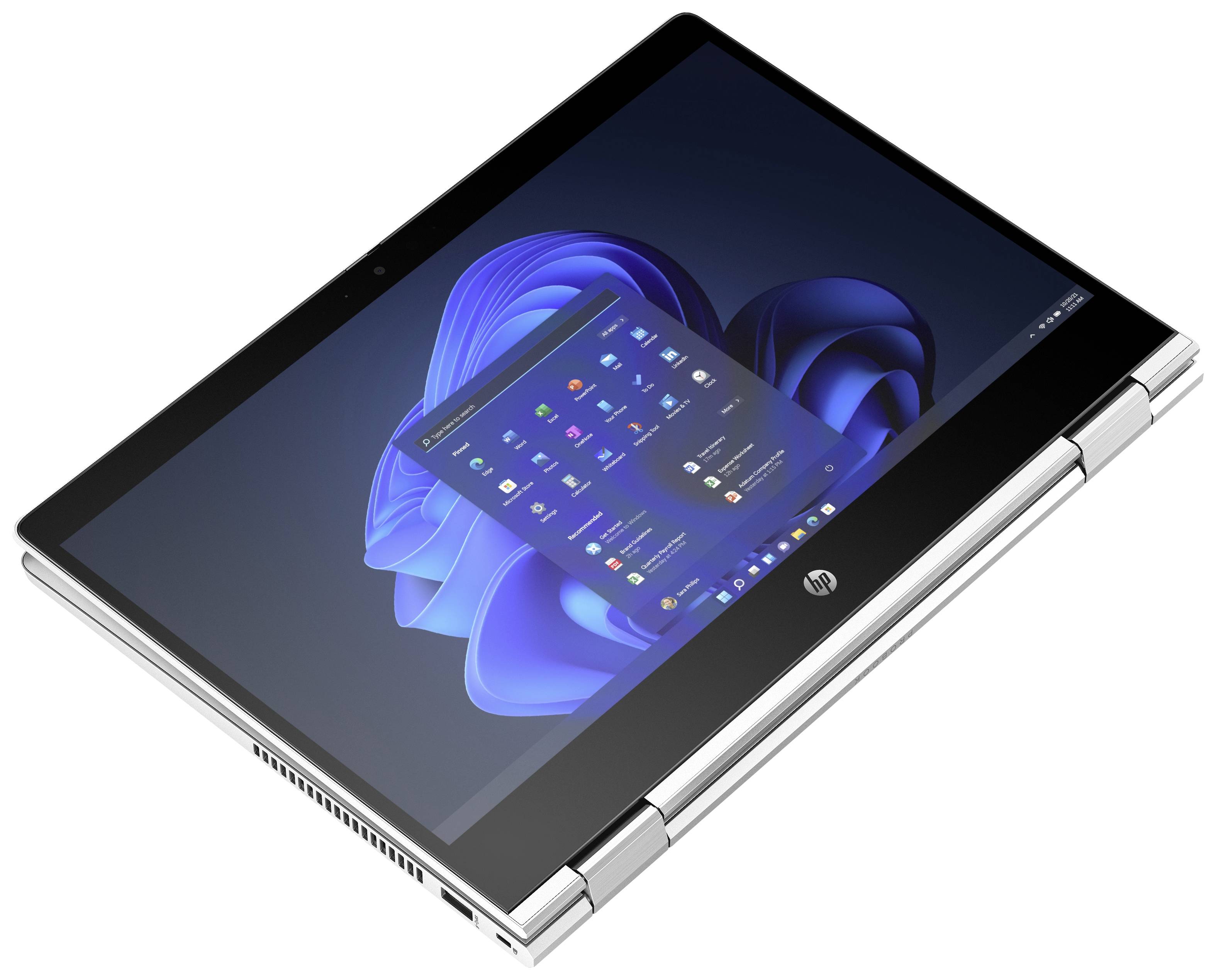 Ein umgeklappter Laptop im Tablet-Modus mit geöffnetem Windows 11 Startmenü auf dem Bildschirm.