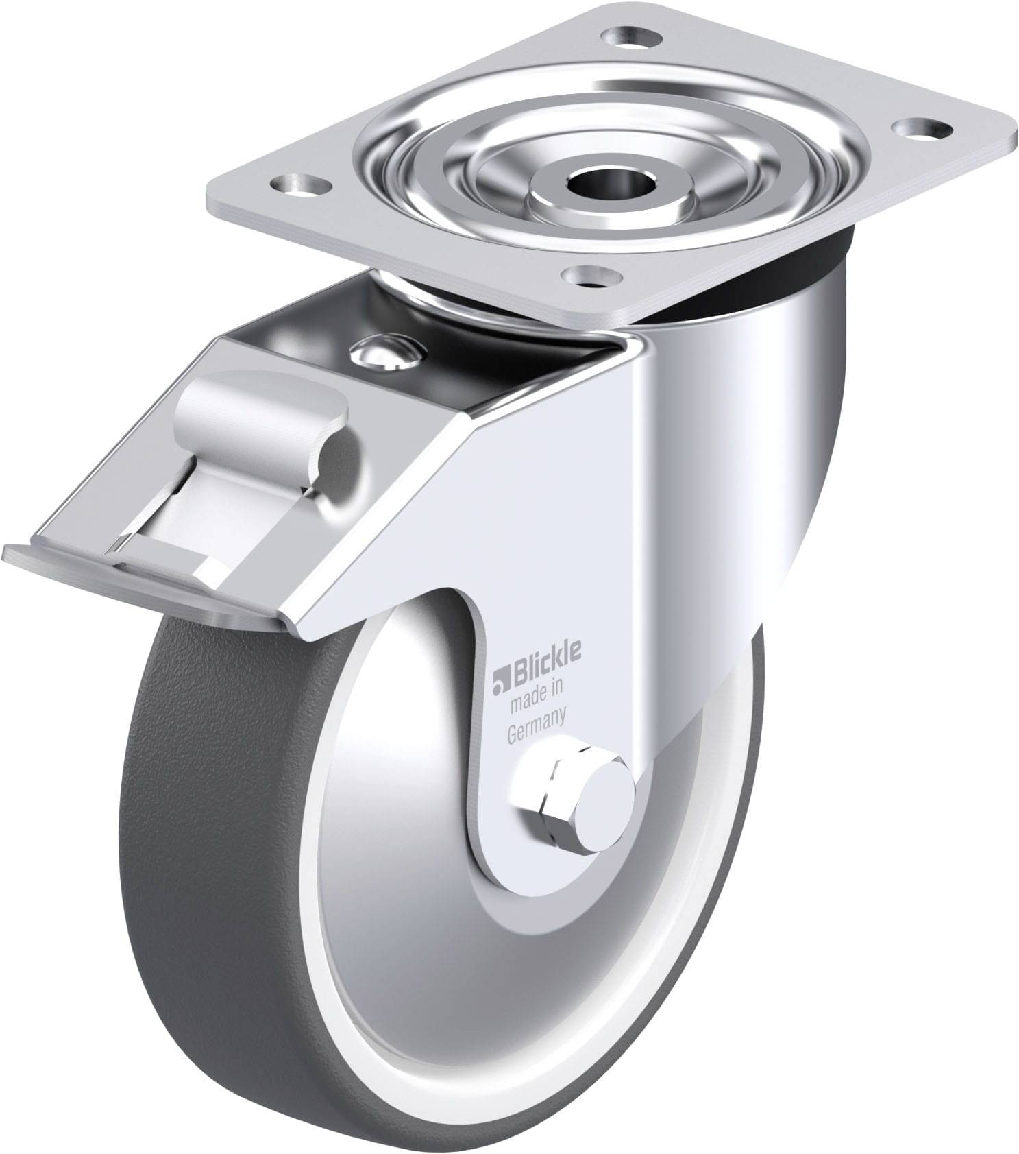 Industrie-Lenkrolle aus Metall mit grauem Rad und Befestigungsplatte, Beschriftung 'Blickle made in Germany'.