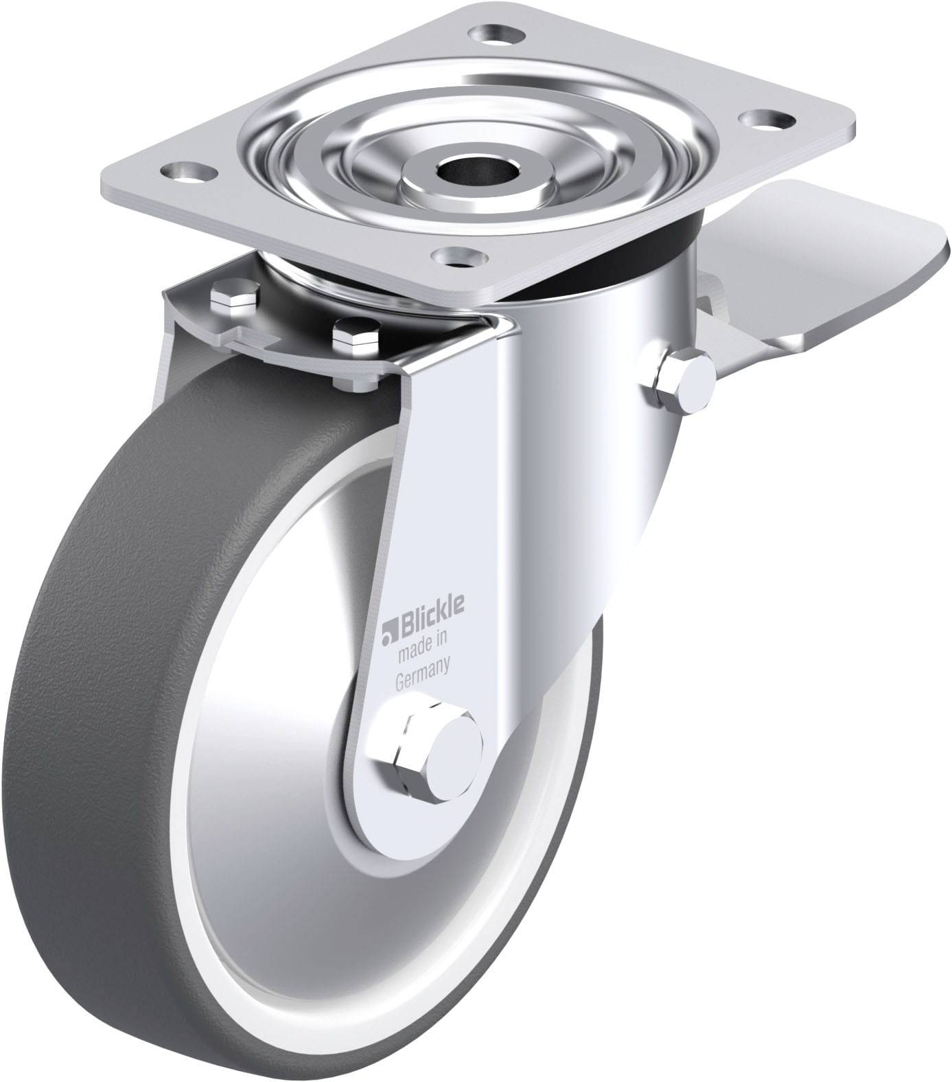 Schwenkrolle mit Metallgehäuse und grauem Rad, geeignet für Transportwagen oder Möbel. Solide Bauweise für leichtes Drehen und Bewegen.