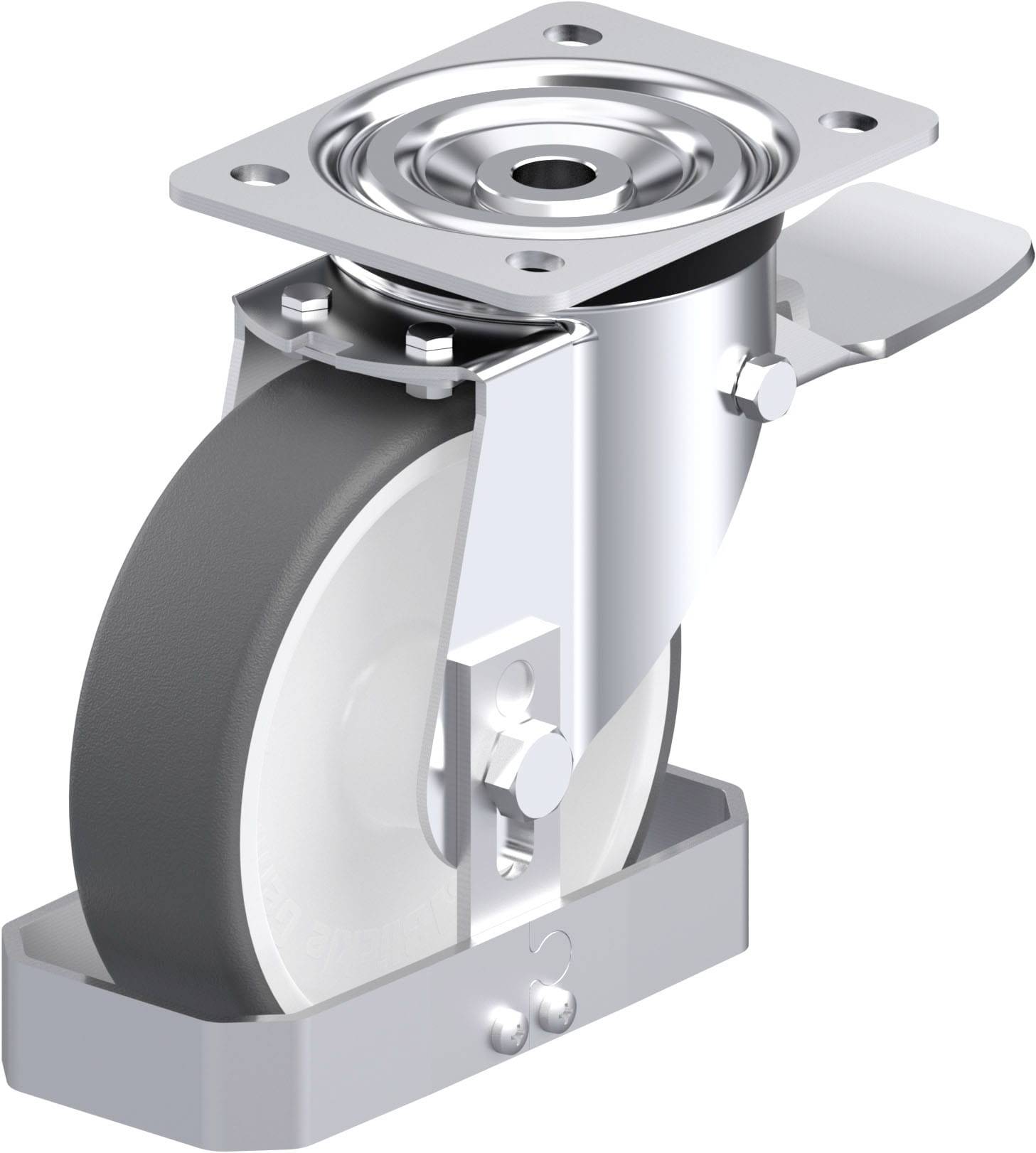 Eine drehbare graue Rolle für Möbel mit Stahlhalterung und Befestigungsplatte, geeignet für eine stabile und flexible Bewegung.