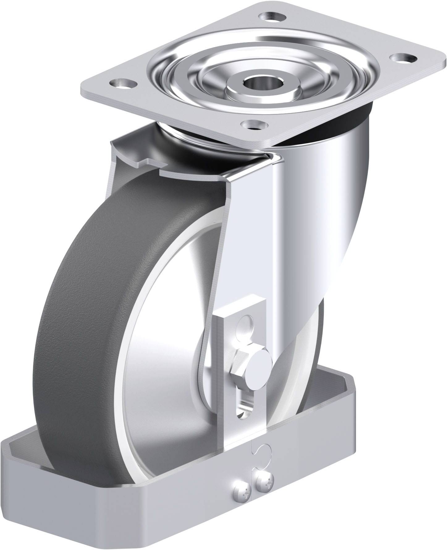 Eine drehbare Metallrolle mit grauem Rad und rechteckiger Befestigungsplatte, geeignet für Möbel oder Geräte mit Rollenbedarf.
