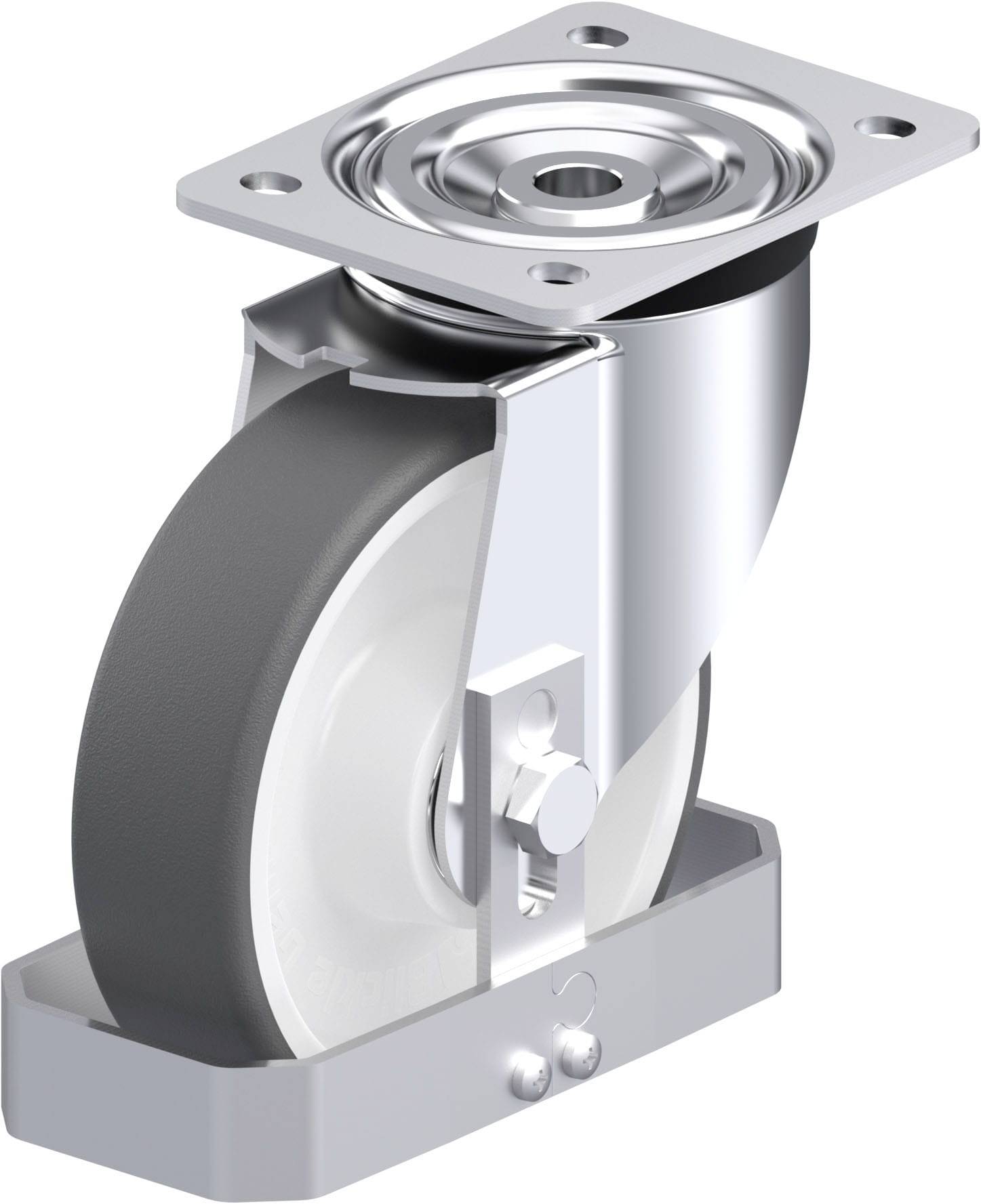 Graues Rad aus Metall und Kunststoff mit einem drehbaren Montagesockel, geeignet für Möbel oder Rollwagen.