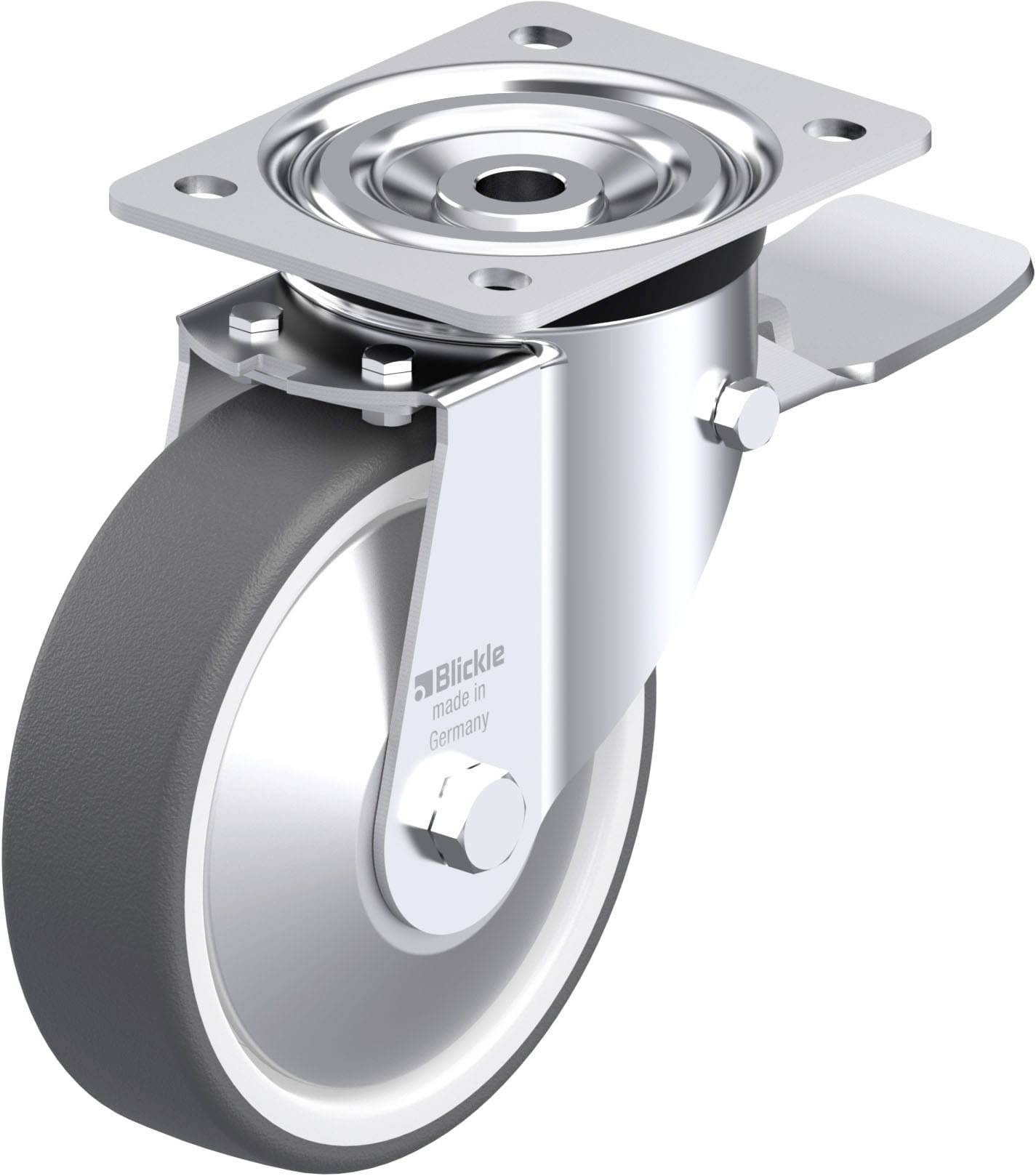 Schwenkrolle aus Metall mit grauem Rad und Montagesockel, geeignet für Möbel oder Industrieanwendungen.