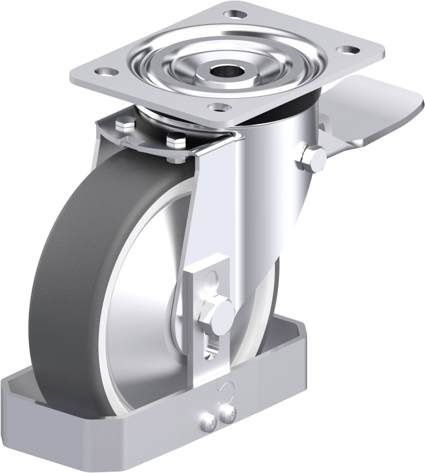 Metall-Lenkrolle mit grauem Rad und Befestigungsplatte. Ideal für Möbel oder industrielle Anwendungen, stabil und drehbar.