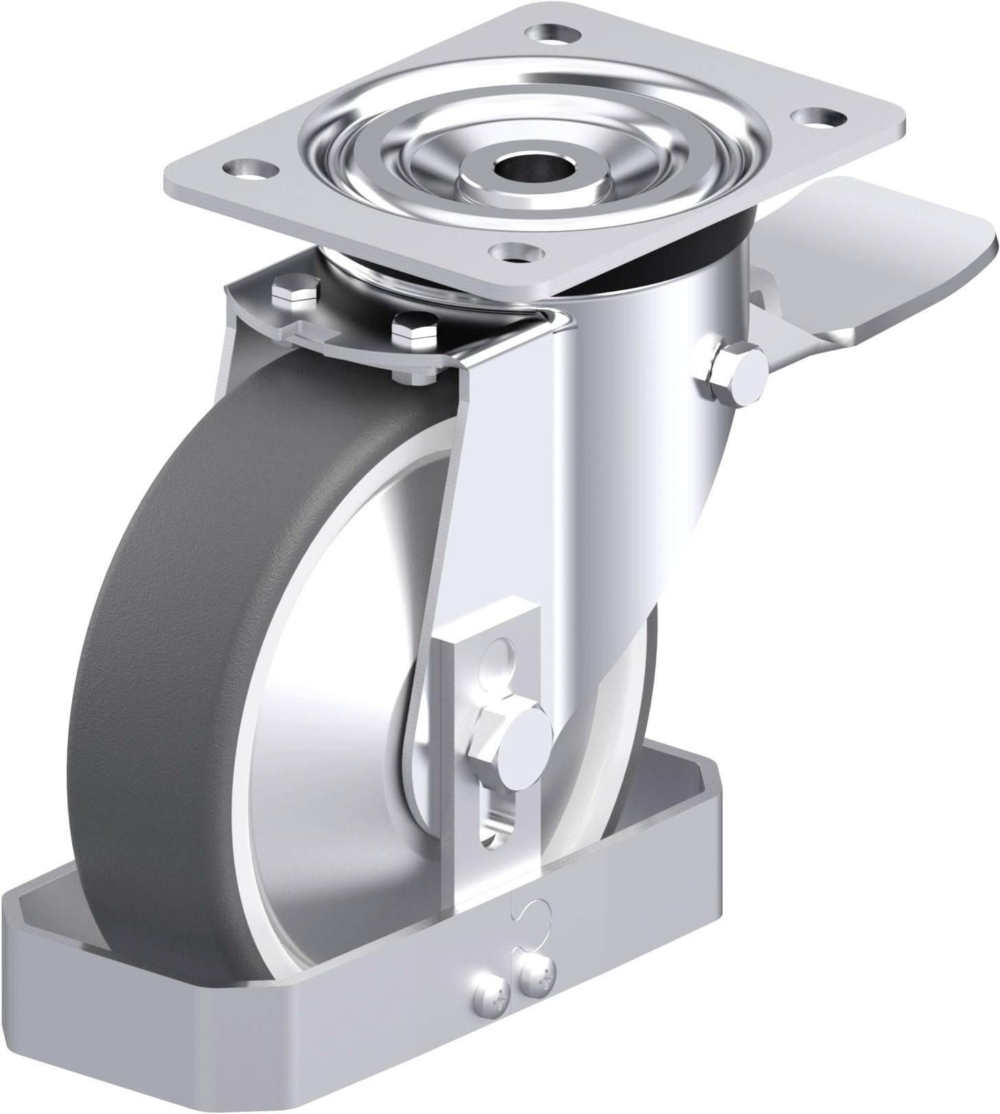 Schwenkrolle aus Metall mit grauer Gummireifen und Aufnahmeplatte, geeignet für schwere Lasten. Ideal für Transportwagen und Möbel.