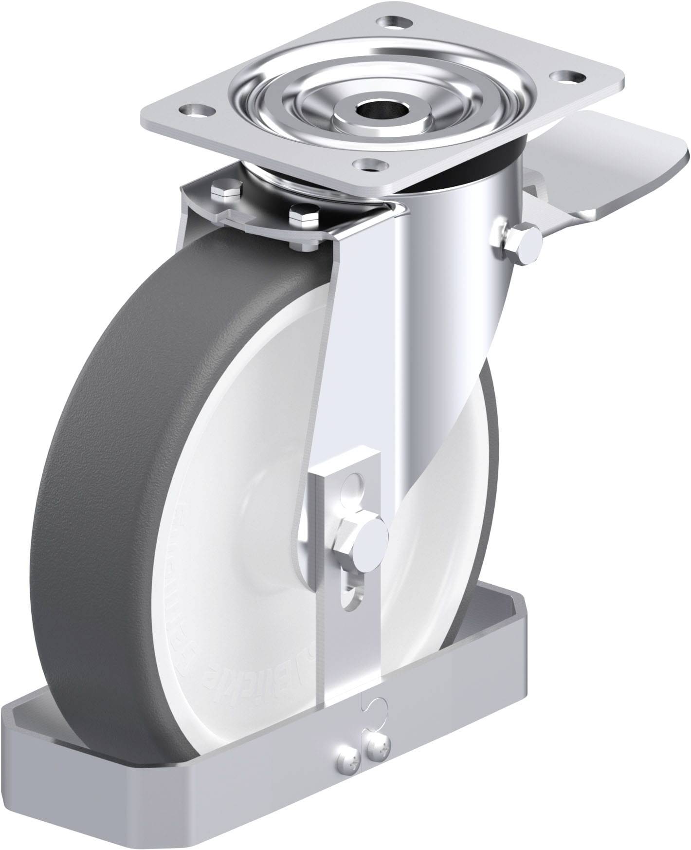 Schwenkrolle mit Metallhalterung, geeignet für schwere Lasten. Robuste Konstruktion für industrielle Anwendungen.