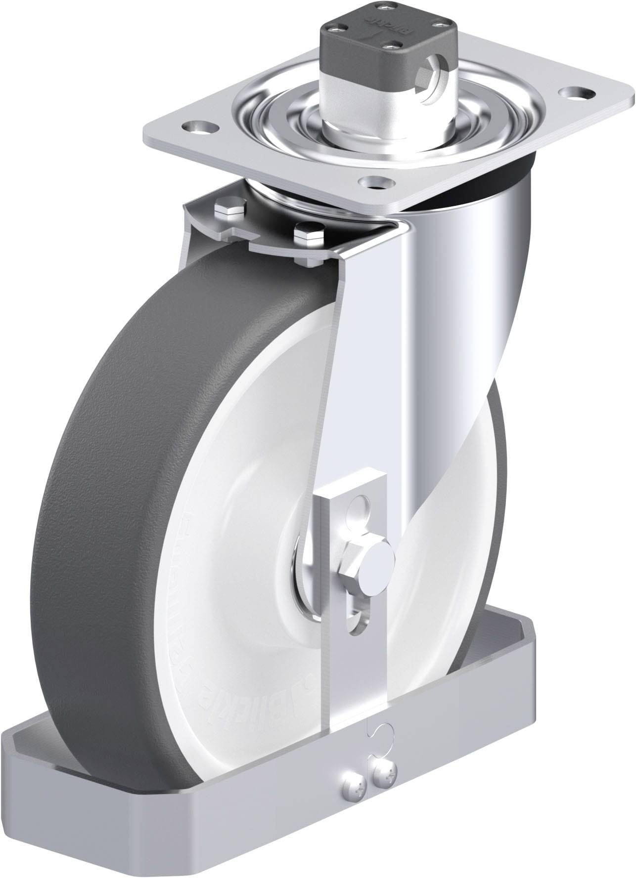 Schwenkrolle mit grauem Rad und Metallhalterung, geeignet für industrielle Anwendungen.