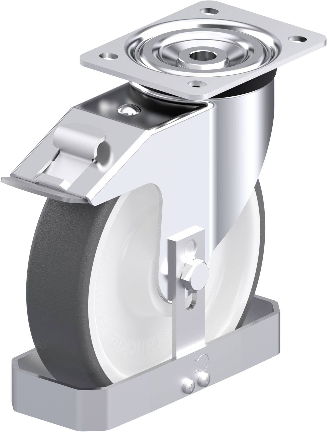 Industrie-Schwenkrolle aus Metall mit grauem Rad und Montageplatte, geeignet für schwere Lasten.