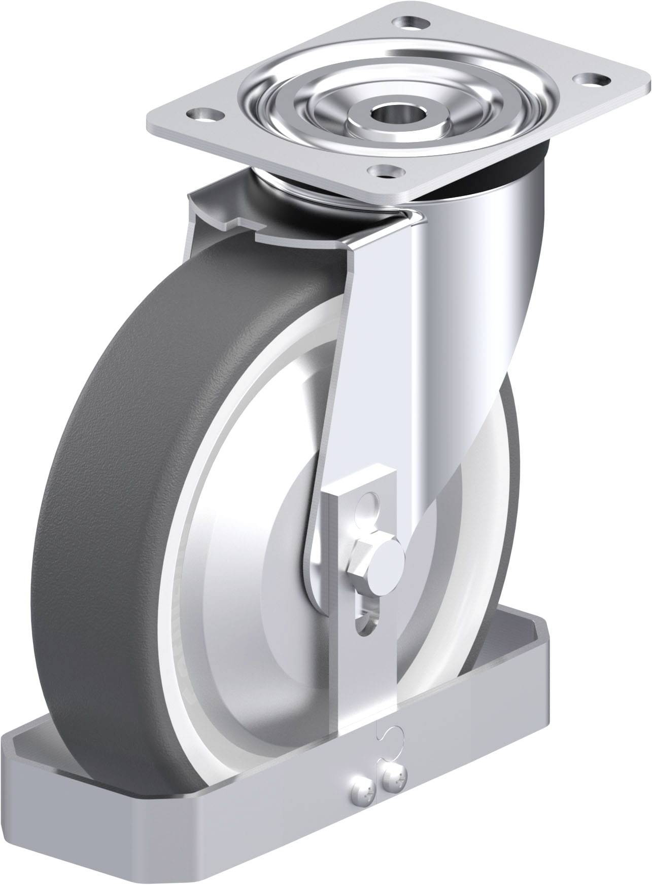 Schwenkrolle mit Befestigungsplatte, geeignet für schwere Lasten. Gehäuse aus Metall, Rad aus robustem Material.