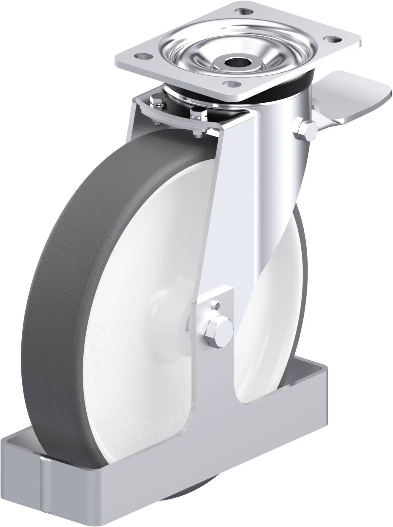 Schwenkrolle aus Metall mit großer Kunststoffrad, geeignet für industrielle Anwendungen, montiert auf einer Metallplatte.