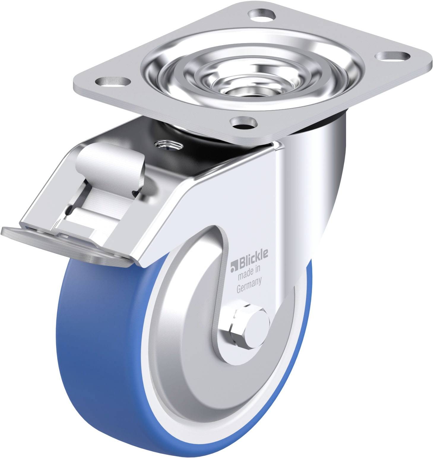 Ein blaues Lenkrolle mit silbernem Gehäuse und Metallplatte, geeignet für den Anbau an Geräte oder Möbel; Aufschrift 'Blickle, made in Germany'.