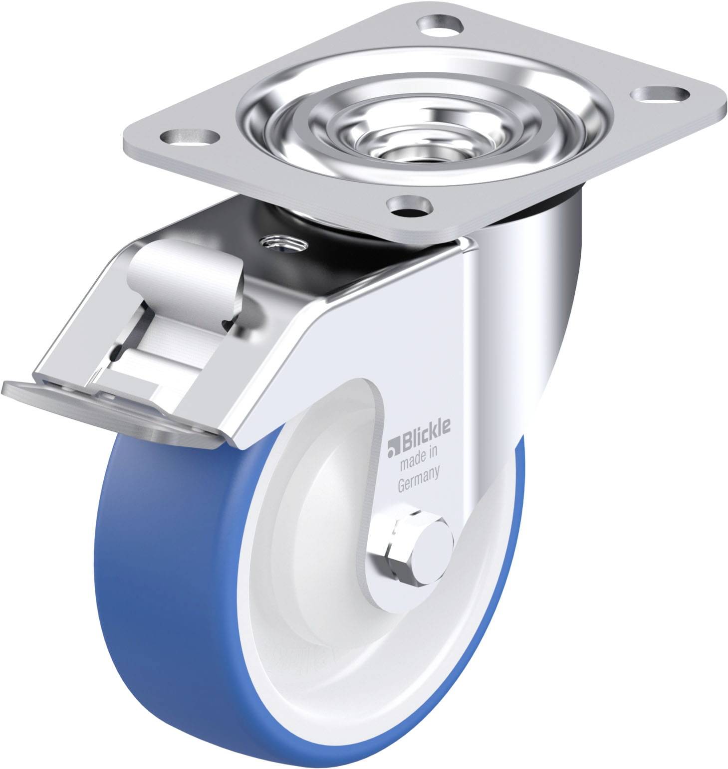Ein blau-weißes Laufrollen-Industrierad mit Metallplatte und Bremse. Ideal zur Befestigung an Geräten oder Möbeln für Mobilität und Stabilität.