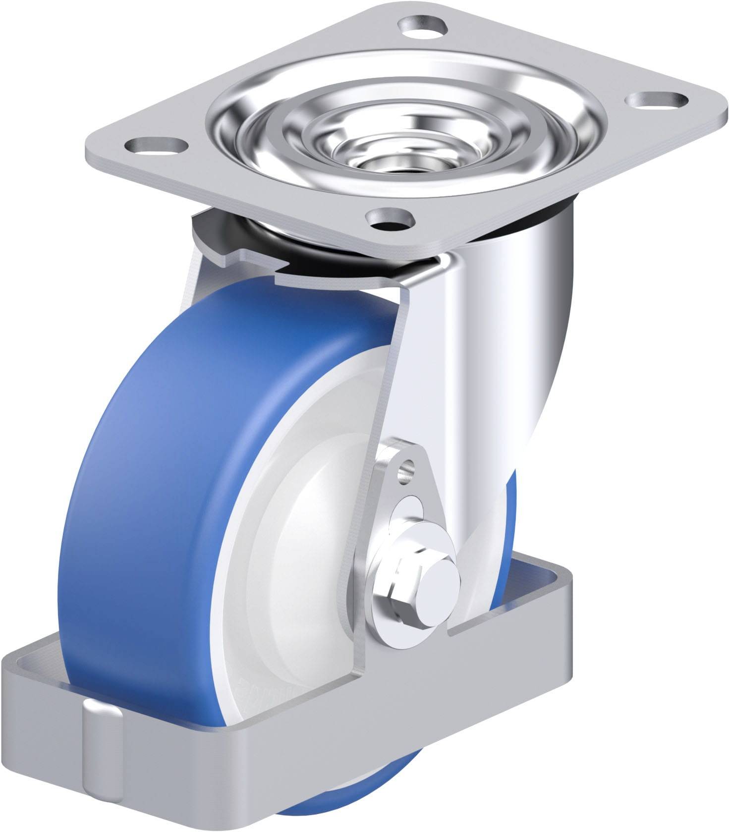 Blaues Rollenrad mit silbernem Gehäuse, Metallplatte und Stiftachsenlagerung, geeignet für vielseitige industrielle Anwendungen.