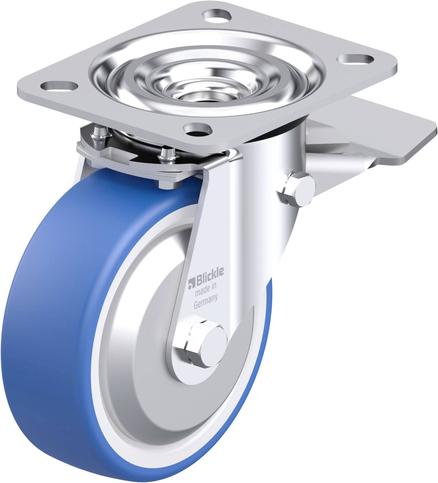 Schwenkrolle mit blauer Gummibeschichtung, silbernem Metallgehäuse, geeignet für Möbel oder Geräte. Hergestellt in Deutschland.