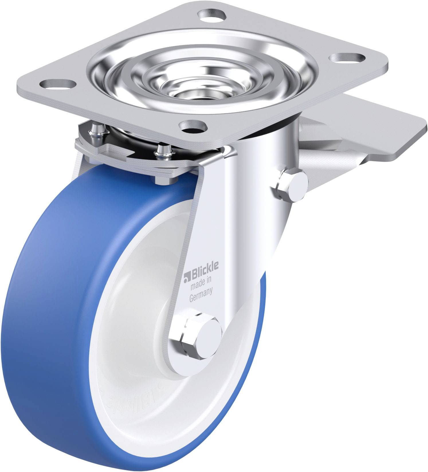 Blau-weißes Laufrollenrad mit Metallhalterung, geeignet für schwere Lasten.