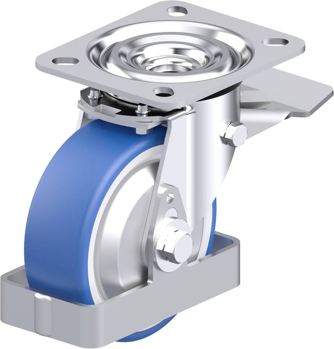 Metallisches Lenkrolle mit blauer Gummireifen und Befestigungsplatte; geeignet für Möbel oder Geräte, um Beweglichkeit zu erleichtern.