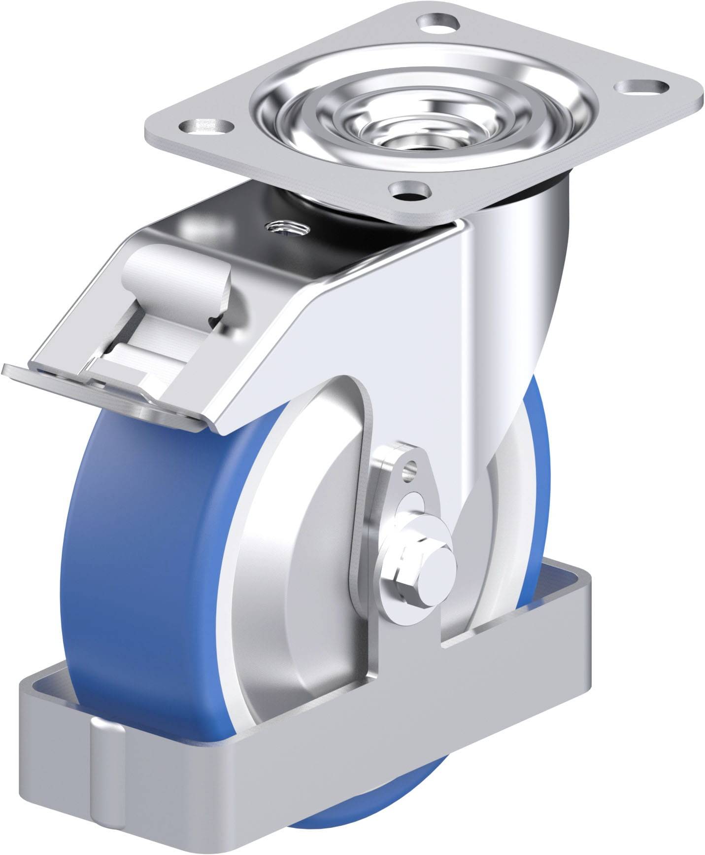 Blaue Lenkrolle mit metallischem Gehäuse und Befestigungsplatte, geeignet für den Einsatz an Möbeln oder Transportwagen.