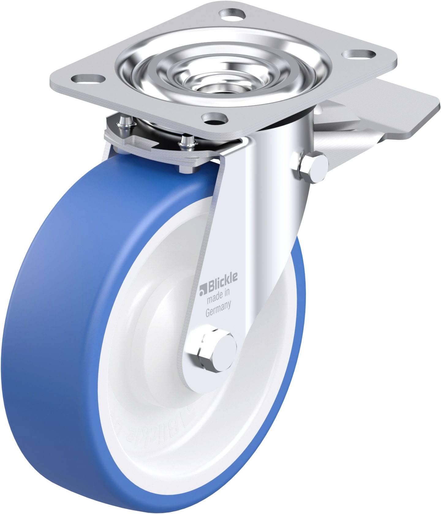 Drehbares Rad mit blauer Gummilauffläche, Metallhalterung und Montageplatte. Aufdruck 'Blickle made in Germany'.