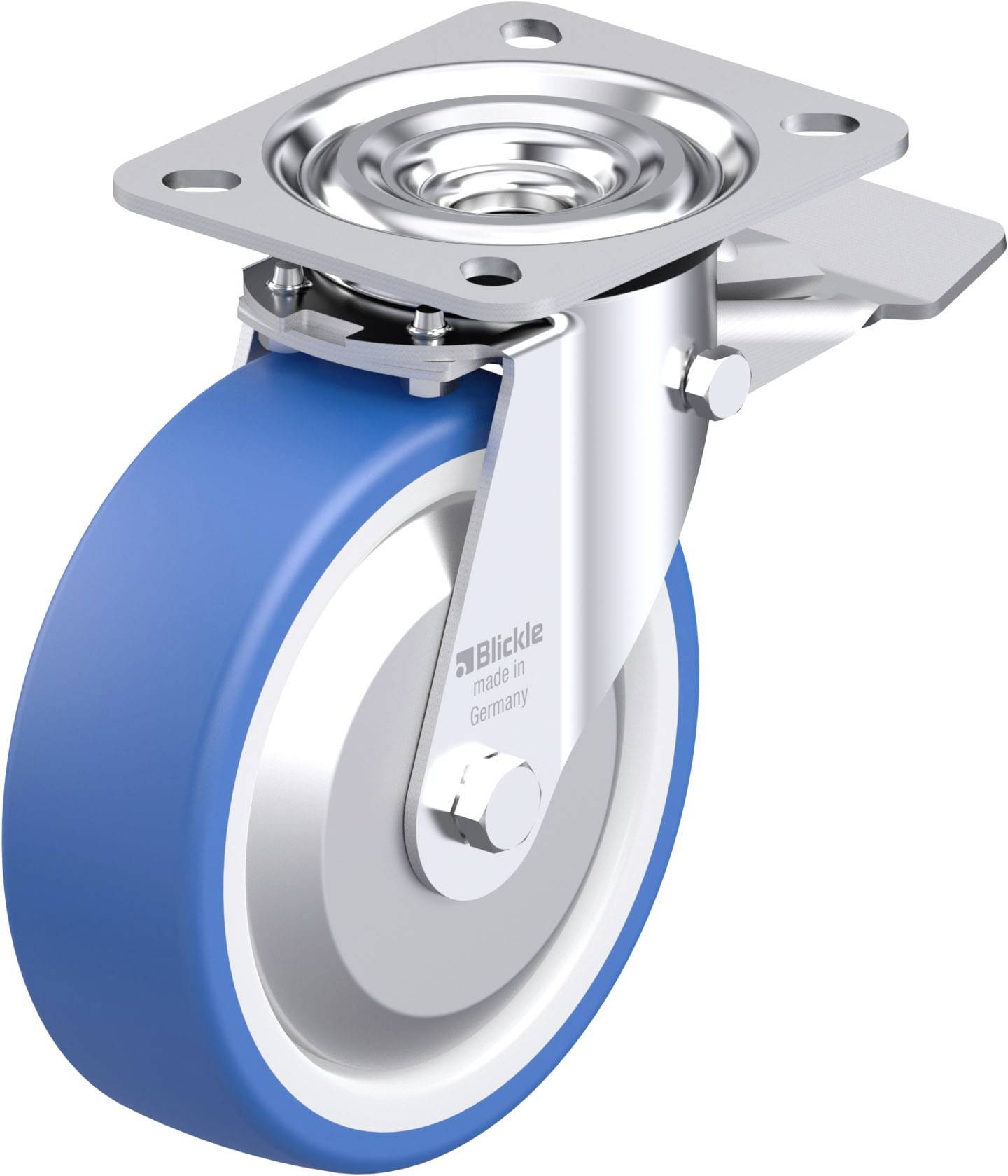 Eine drehbare Rolle aus Metall mit blauem Rad, geeignet für Möbel oder Transportausrüstung. Befestigungsplatte oben sichtbar.