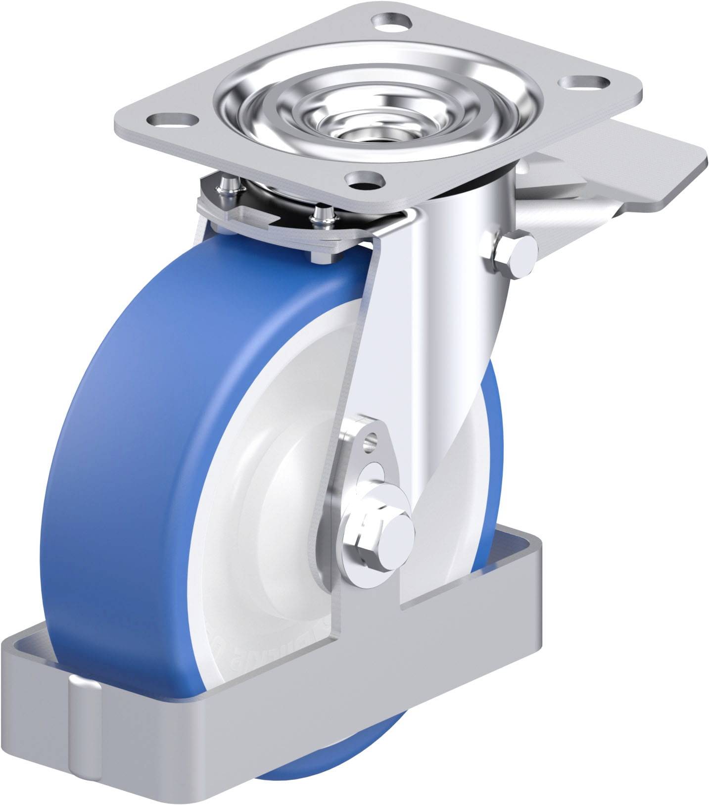 Blau-weißes Schwerlastlenkrolle mit Metallhalterung, montierbar, geeignet für Transportgeräte.
