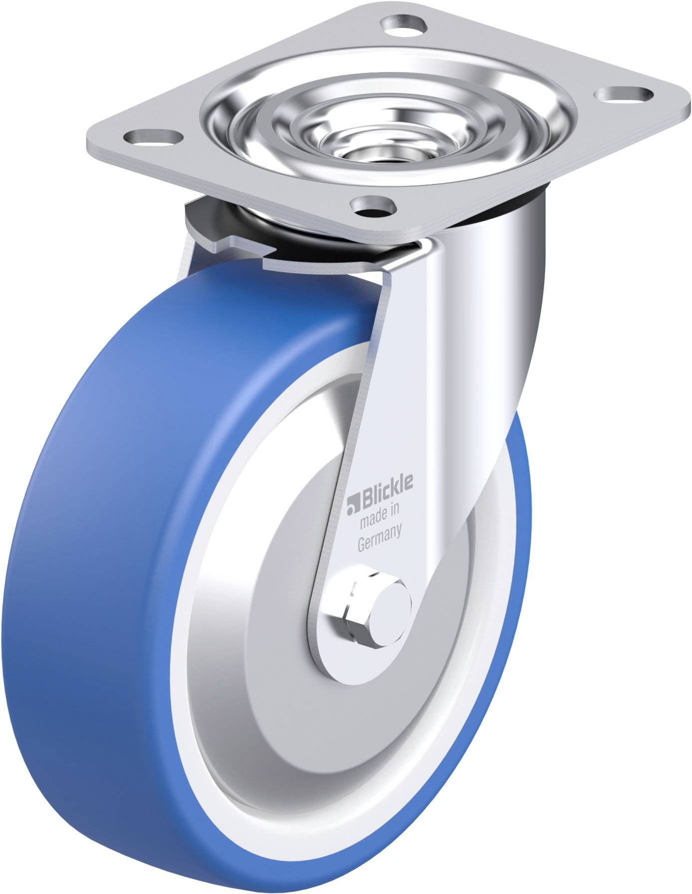 Metallrolle mit blauer Gummibeschichtung und Montageplatte. Auf der Rolle steht 'Blickle, made in Germany'. Geeignet für Möbel oder Geräte.