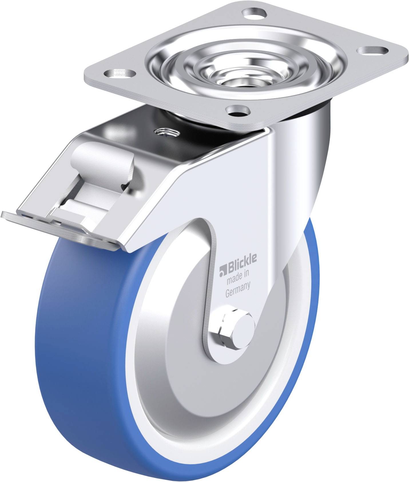 Ein blaues Bockrolle mit Metallgehäuse und Befestigungsplatte, geeignet für Transportgeräte, auf weißem Hintergrund.