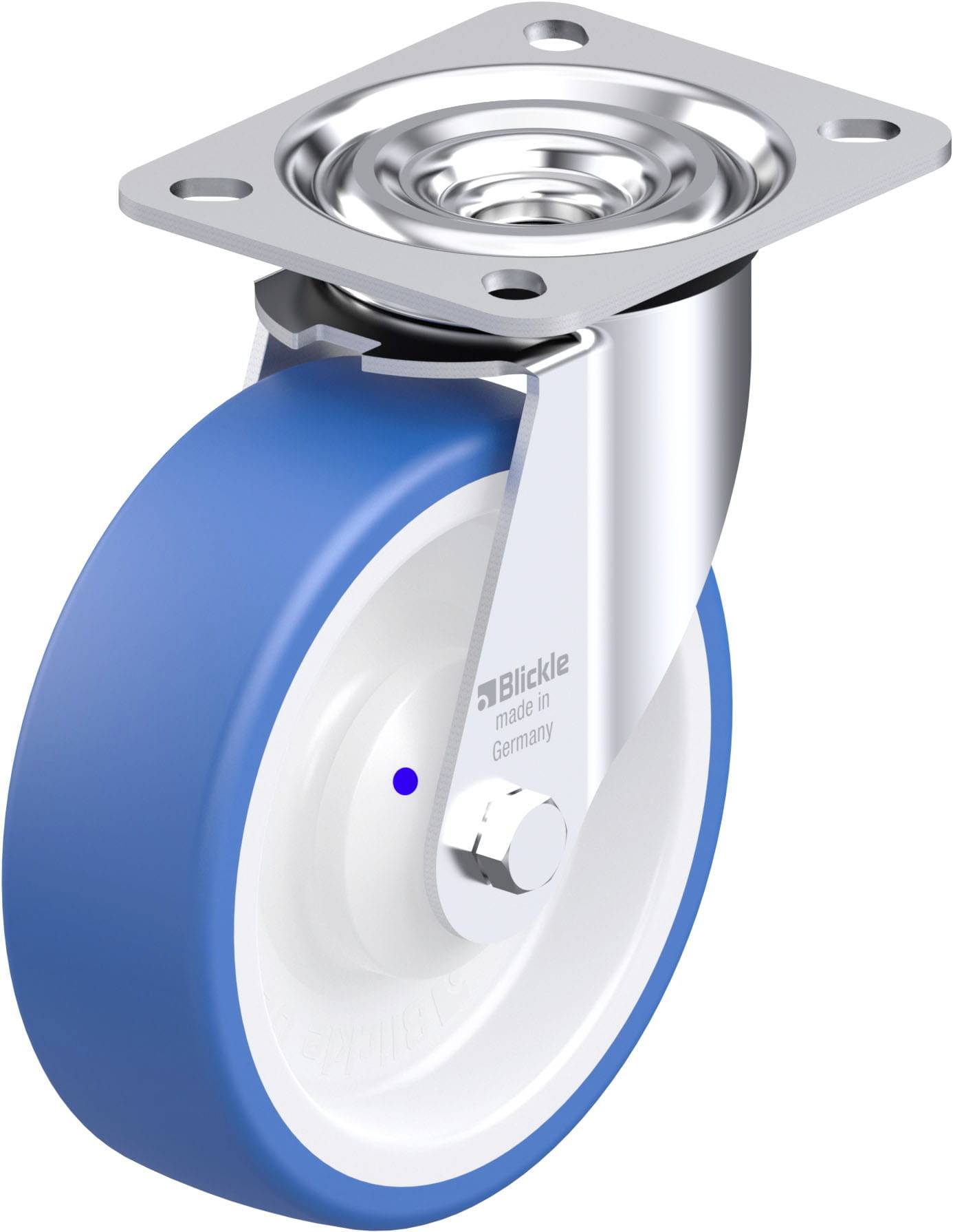 Blaues Laufrollenrad mit silberner Halterung und Drehgelenk, von 'Blickle made in Germany'; geeignet für verschiedene Transportwagen.