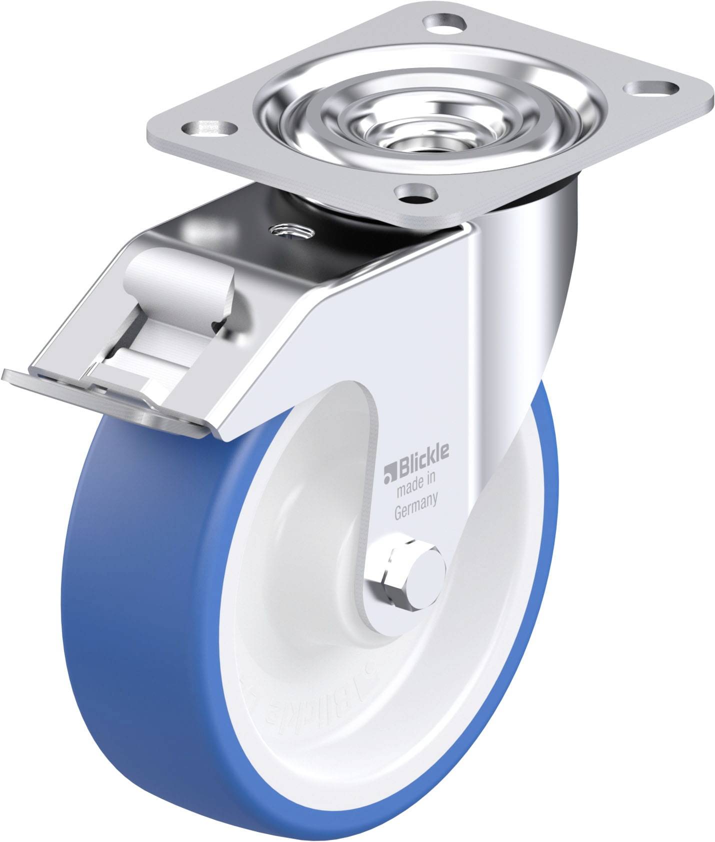 Ein schwenkbares Rad mit blauer Gummilauffläche und silberner Metallhalterung, geeignet für den Einsatz in verschiedenen Transportgeräten.