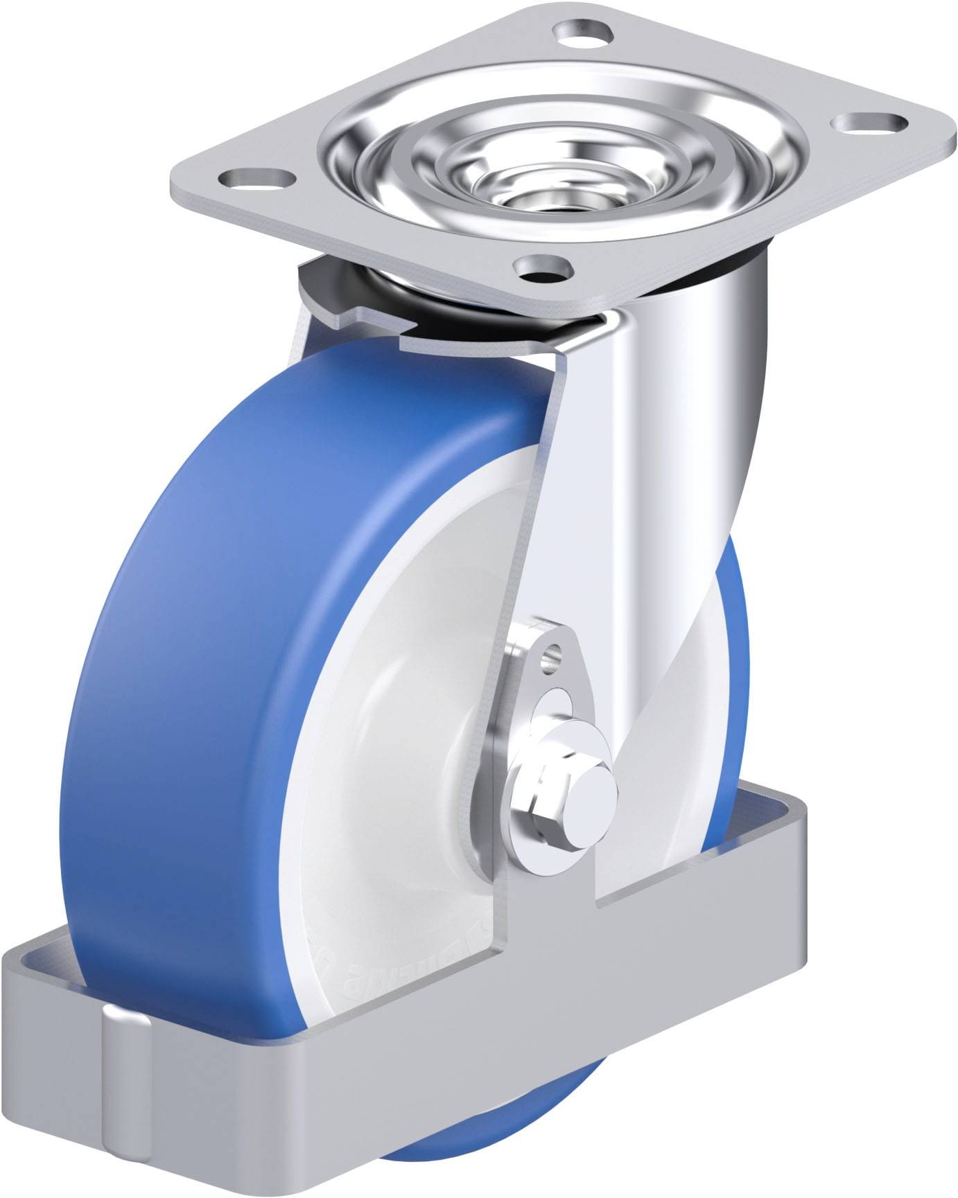 Eine Lenkrolle mit blauem Rad und silberner Halterung, geeignet für bewegliche Möbel oder Geräte, mit Drehgelenk für Richtungswechsel.