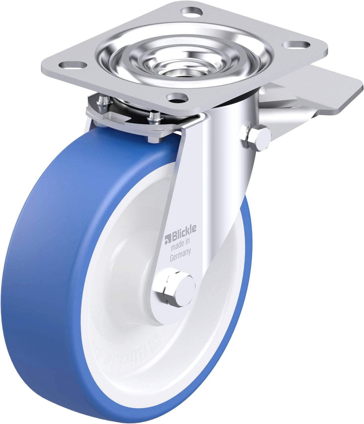 Eine blaue Lenkrolle mit Metallhalterung und rechteckiger Montageplatte. Markenlogo und der Text 'Made in Germany' sind sichtbar.
