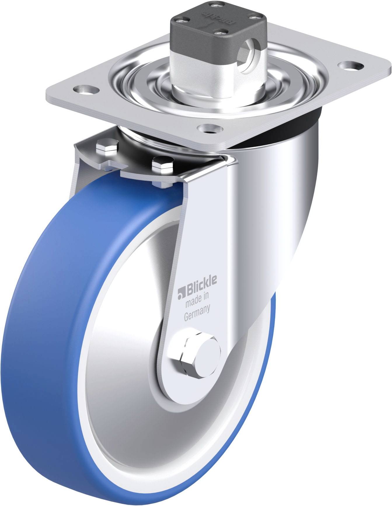 Schwenkrolle mit blauem Rad und Metallhalterung, markiert mit 'Blickle, made in Germany', für Transportgeräte oder Möbel.