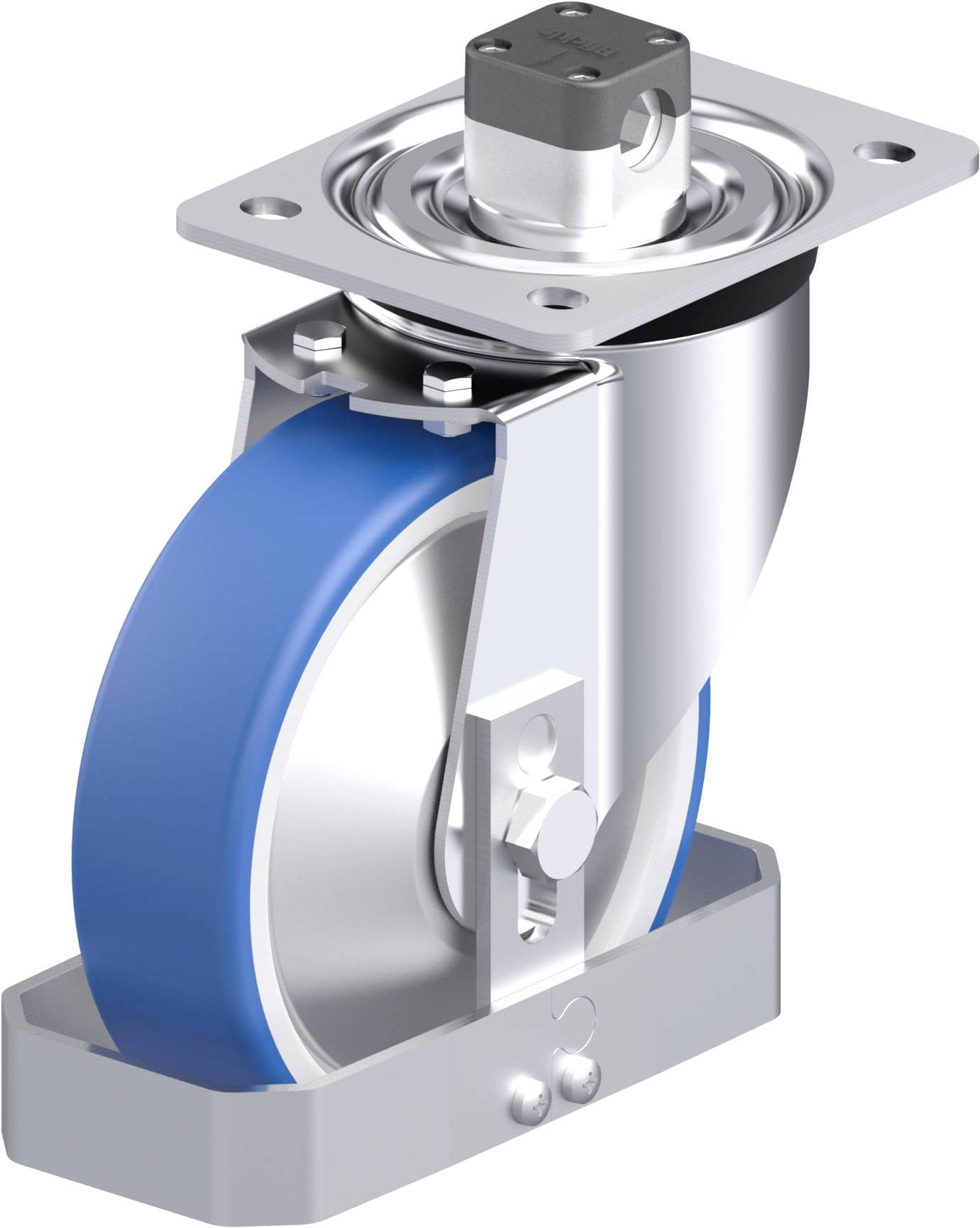 Schwenkrolle mit blauer Gummilauffläche und silbernem Metallgehäuse, geeignet für industrielle Anwendungen.