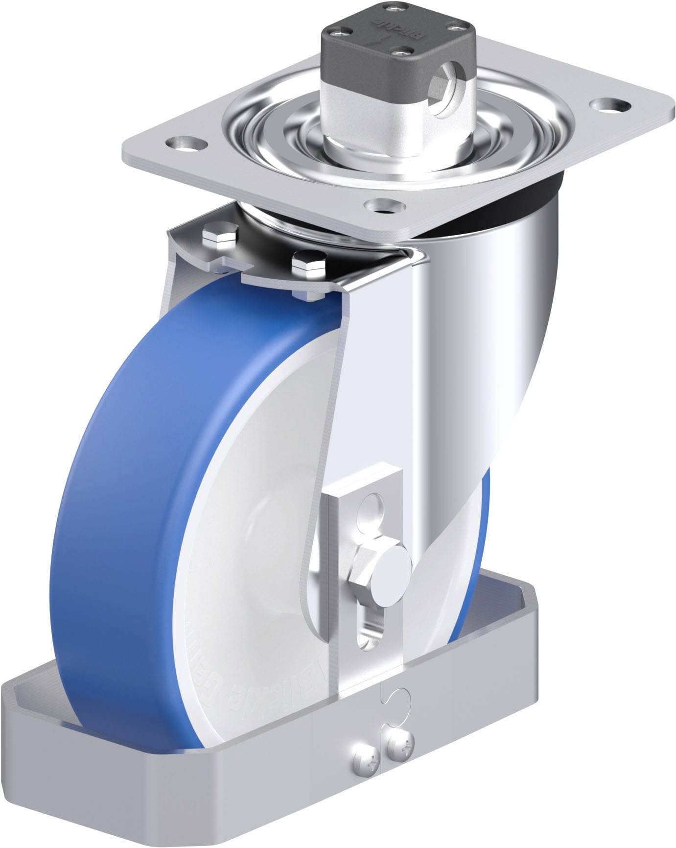 Das Bild zeigt eine blaue Lenkrolle mit Metallgehäuse und Befestigungsplatte, geeignet für industrielle Anwendungen.