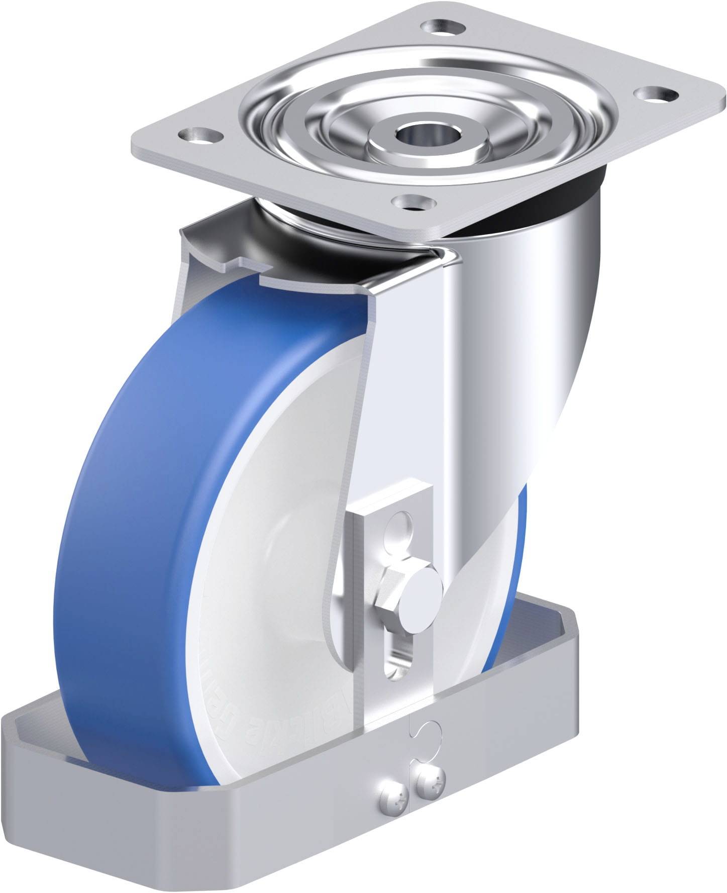 Blau-weiße Lenkrolle aus Metall und Kunststoff, seitlich abgebildet, mit Befestigungsplatte oben. Ideal für Industrieanwendungen.