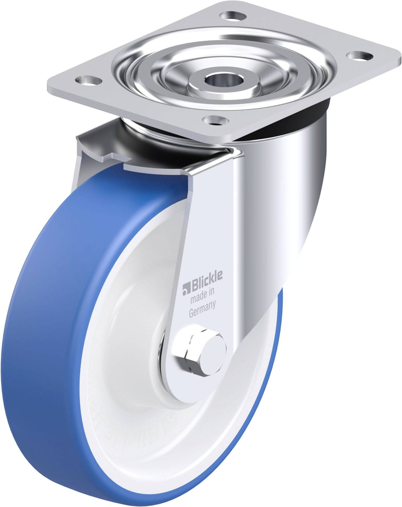Eine blaue und weiße Rollenführung mit Metallplatte für die Montage, geeignet für industrielle Anwendungen.