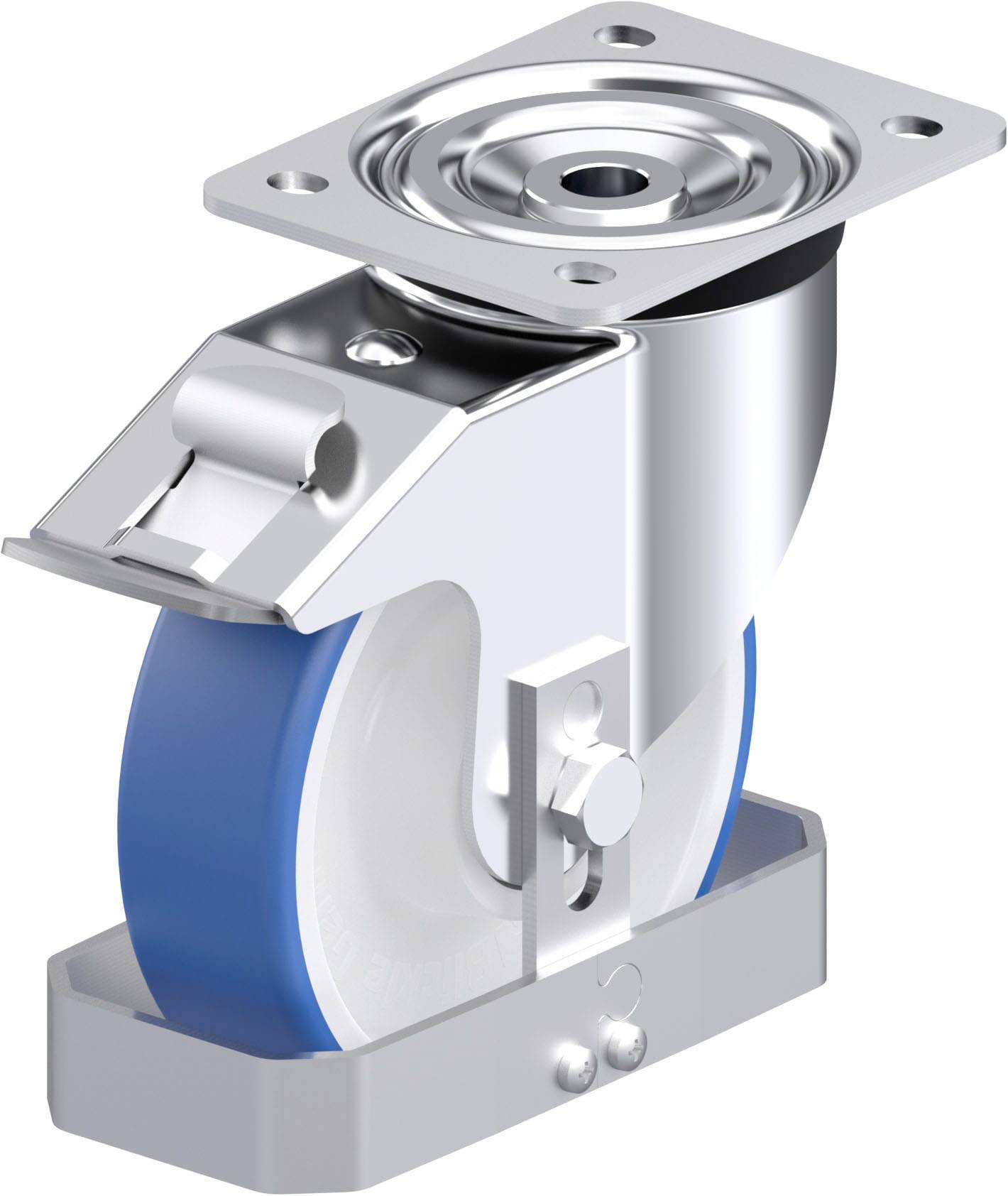 Metallrolle mit blauer Gummilauffläche und drehbarer Halterung, geeignet für Möbel oder Industrieanlagen.