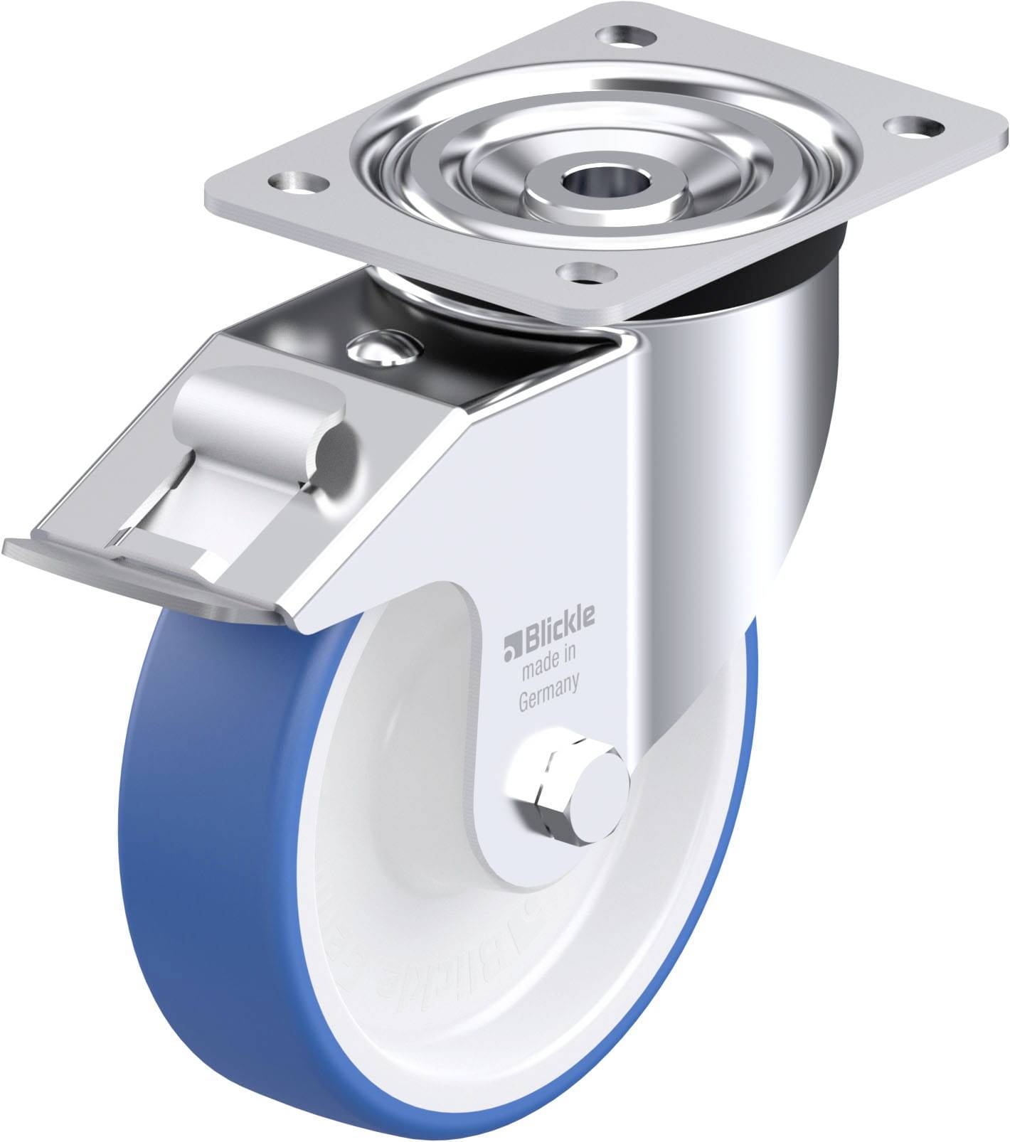 Metallenes Lenkrolle mit blauem Rad. Stabiler Aufbau, tragfähig, ideal für Möbel oder Transporte. Darunter steht 'Blickle made in Germany'.