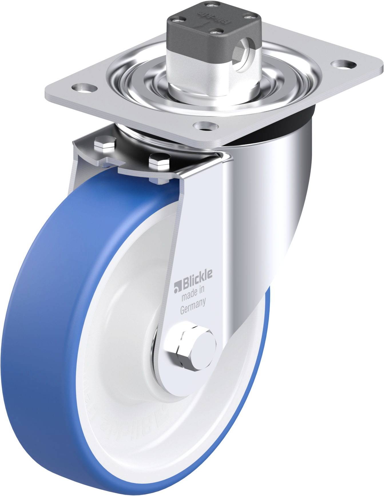 Blaue Kunststoff-Lenkrolle mit Metallgehäuse und Befestigungsplatte. Markenname ‚Blickle‘ auf der Radabdeckung sichtbar.
