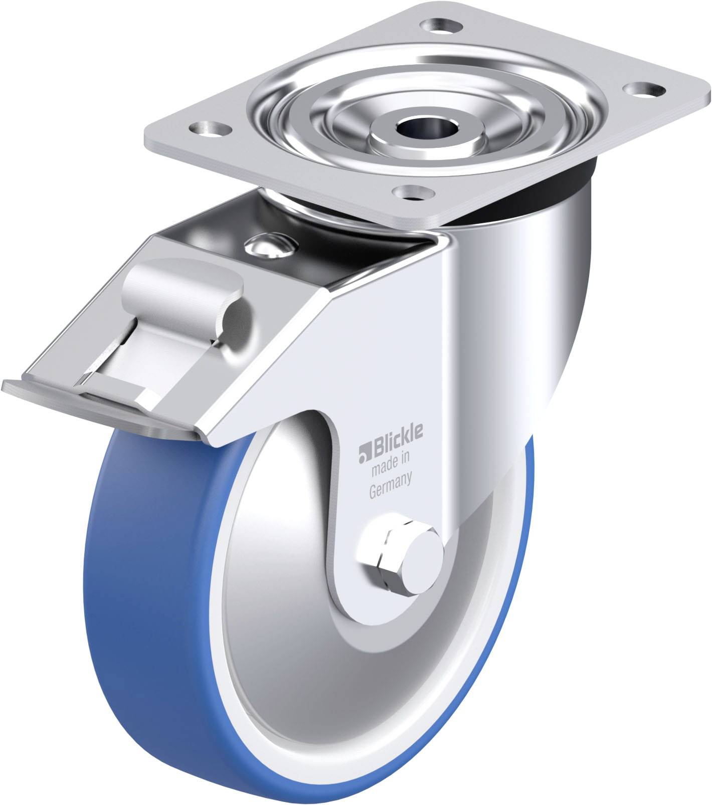 Schwenkrolle aus Metall mit blauem Gummirad, für Transportwagen geeignet, robust gebaut, obere Platte zur Befestigung.