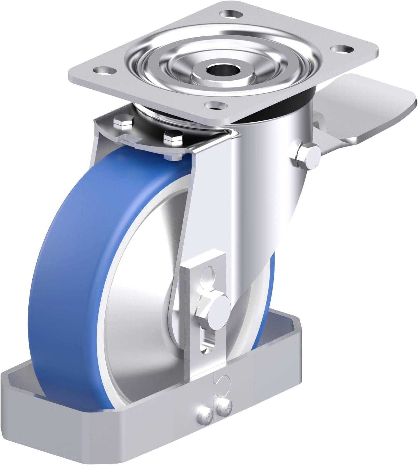 Ein drehbares Lenkrollenrad mit blauem Gummireifen und silbernem Metallgehäuse, montiert an einer rechteckigen Metallplatte.