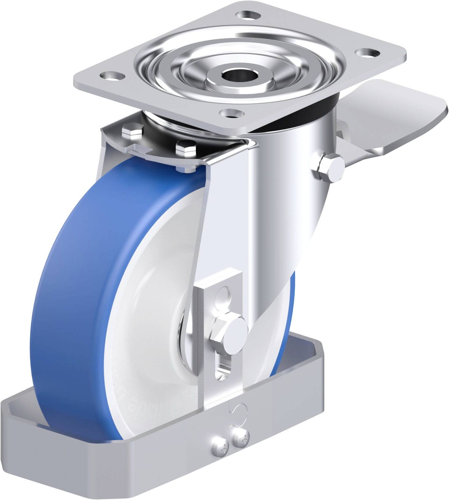 Industrie-Rolle mit blauem Rad und Metallrahmen, Ansicht von der Seite.