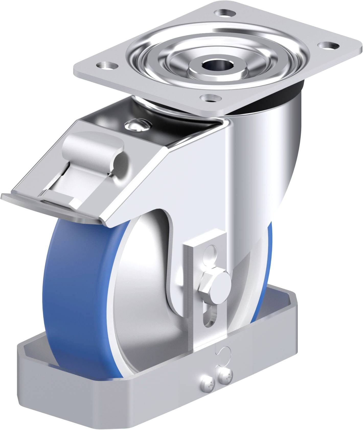Ein blaues Rad mit silberner Metallhalterung, das sich in alle Richtungen drehen kann, montiert an einer rechteckigen Basis.