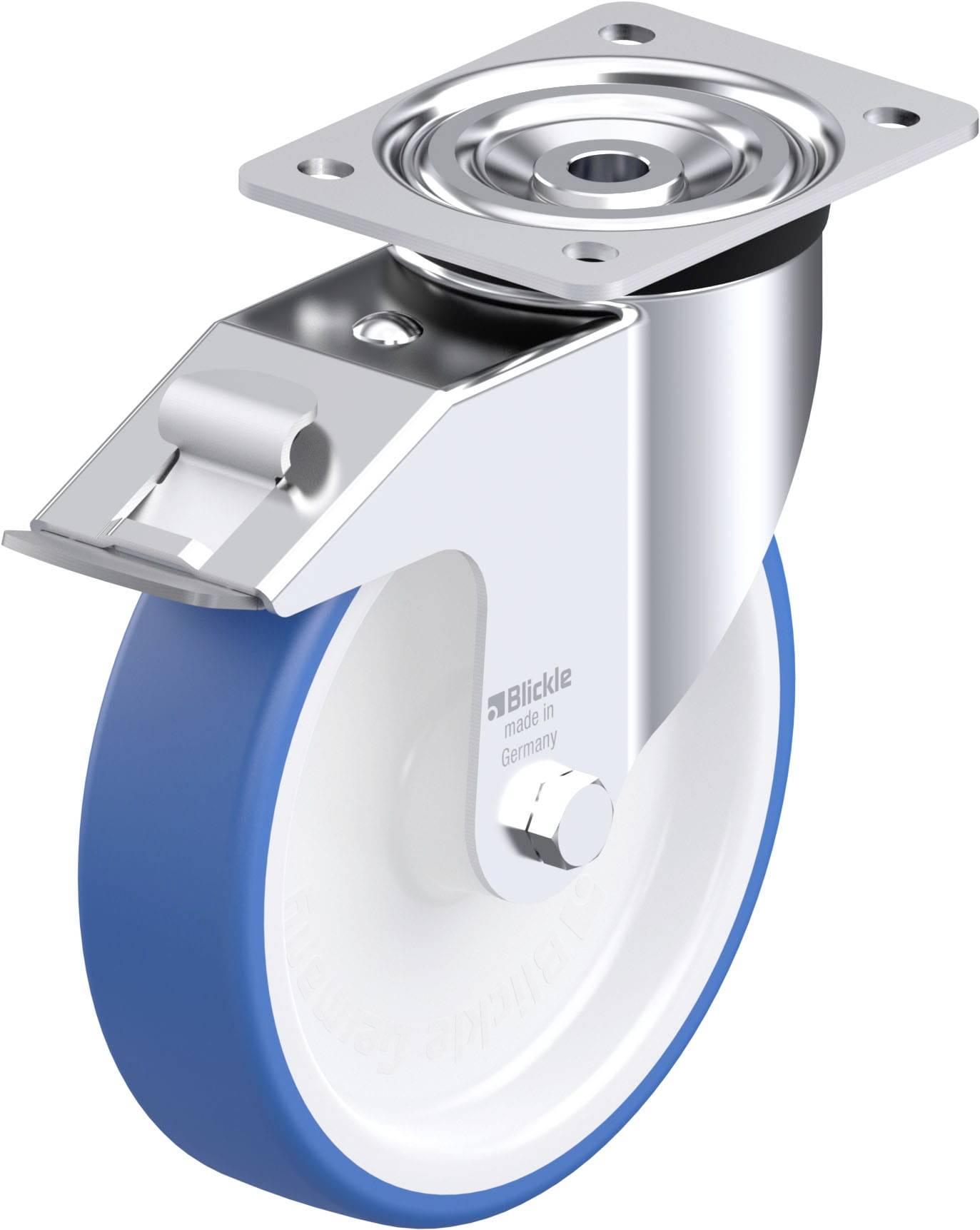 Drehbares Lenkrolle mit blauem PU-Rad und Metallgehäuse, geeignet für industrielle Anwendungen, zeigt das obere Montageblech.