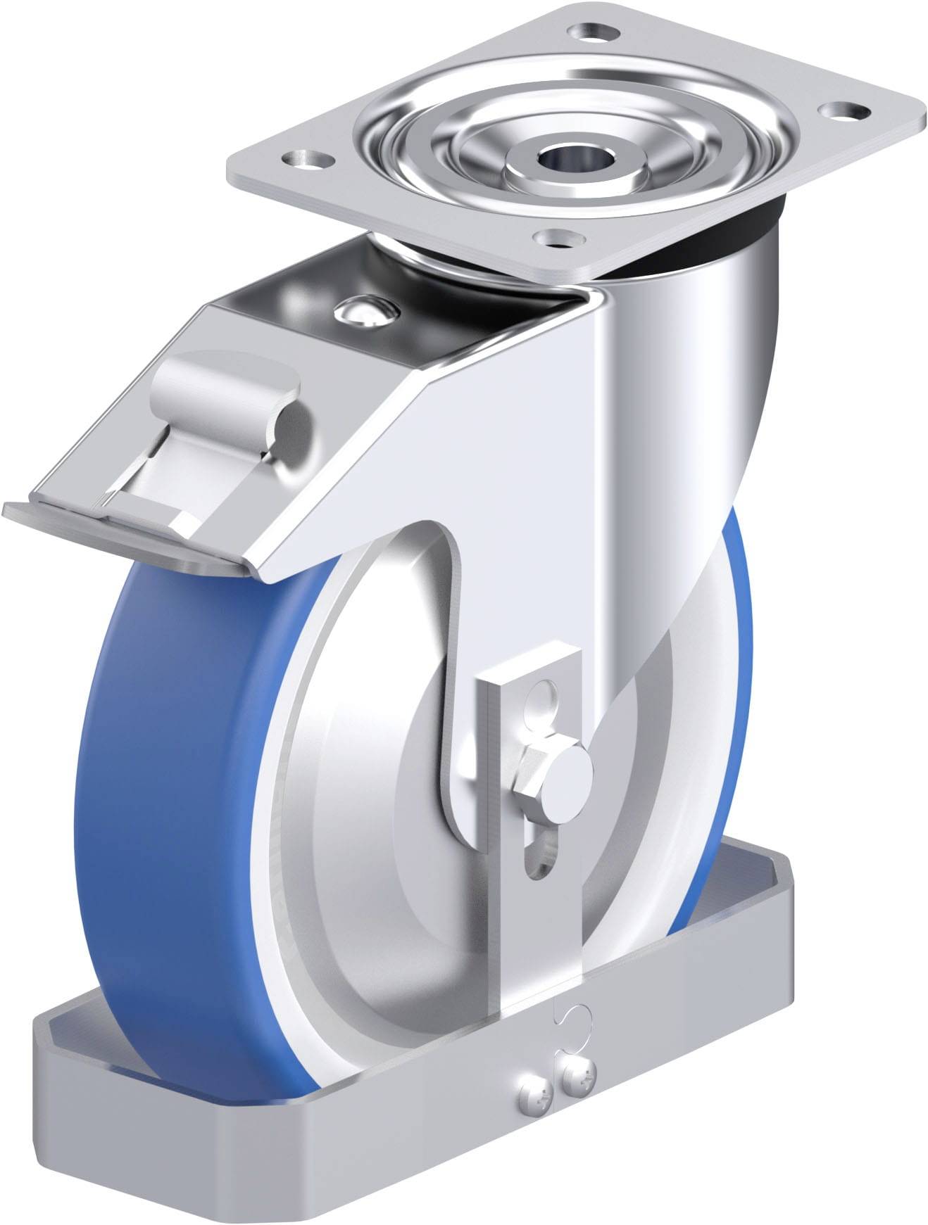 Ein blaues Rad mit Metallhalterung, das häufig für Möbel oder Wagen verwendet wird, um Mobilität zu gewährleisten.
